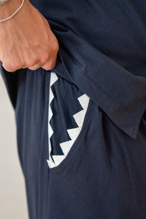 Men Summer Pajama Set Navy Shark Buttoned Tee + Pants